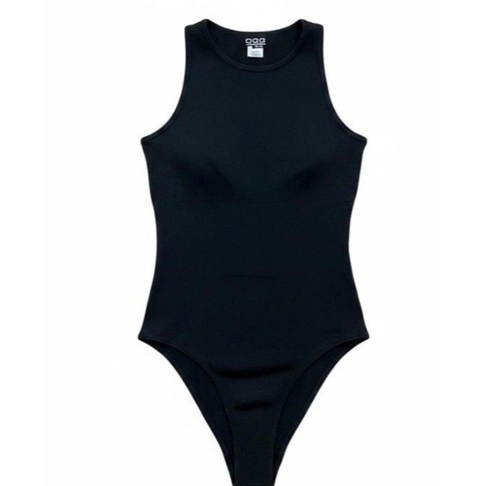 OQQ Medium Black Ribbed Bodysuit One Piece Sleeveless High Neck